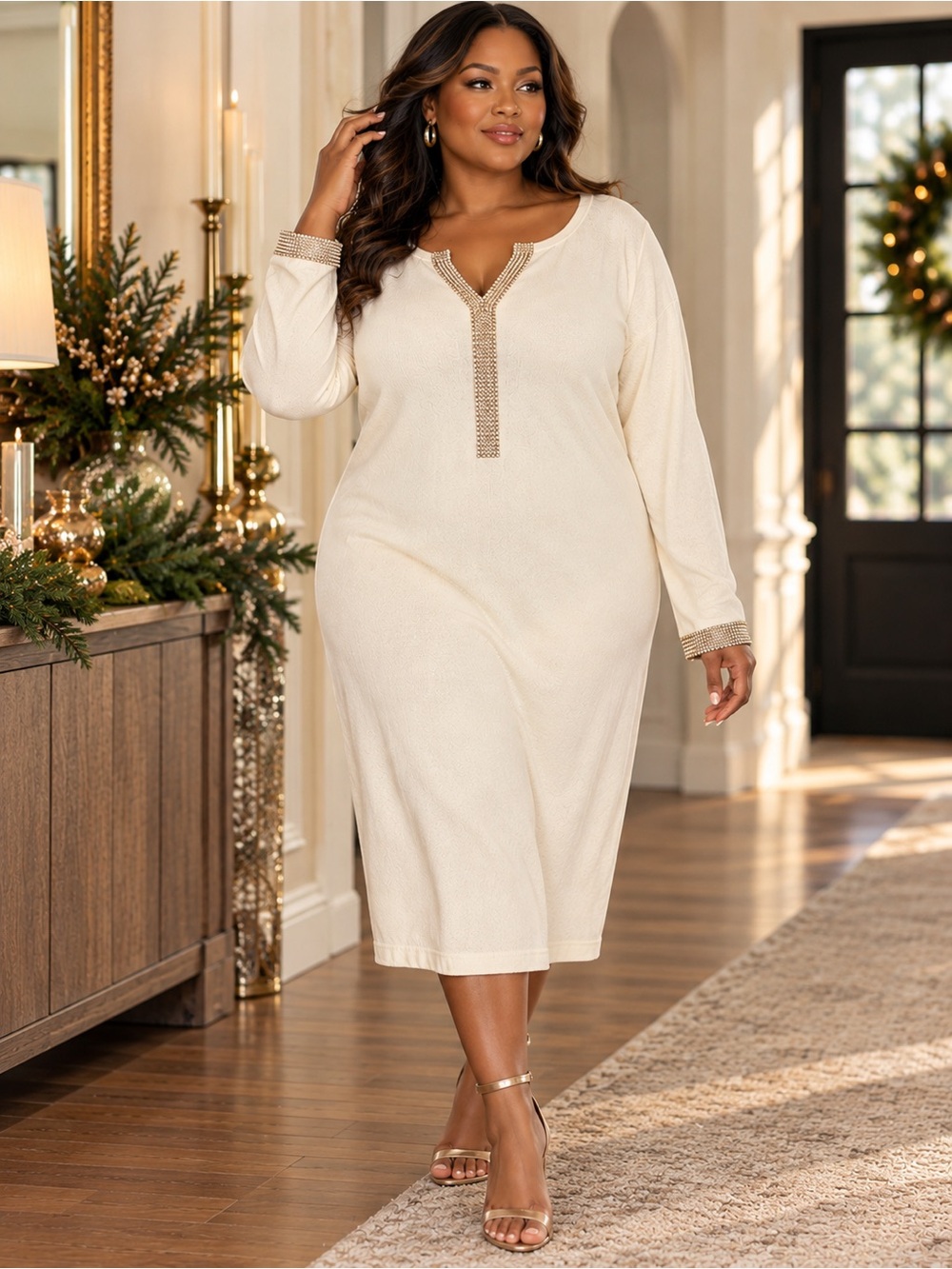 ASHRO 2X Ivory Gold Embellished Sweater Midi Dress Plus Size Holiday Church